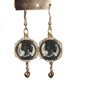 Handmade Vintage Look Golden Hearts, White Pearls, Lace & Black Cameo Earrings
